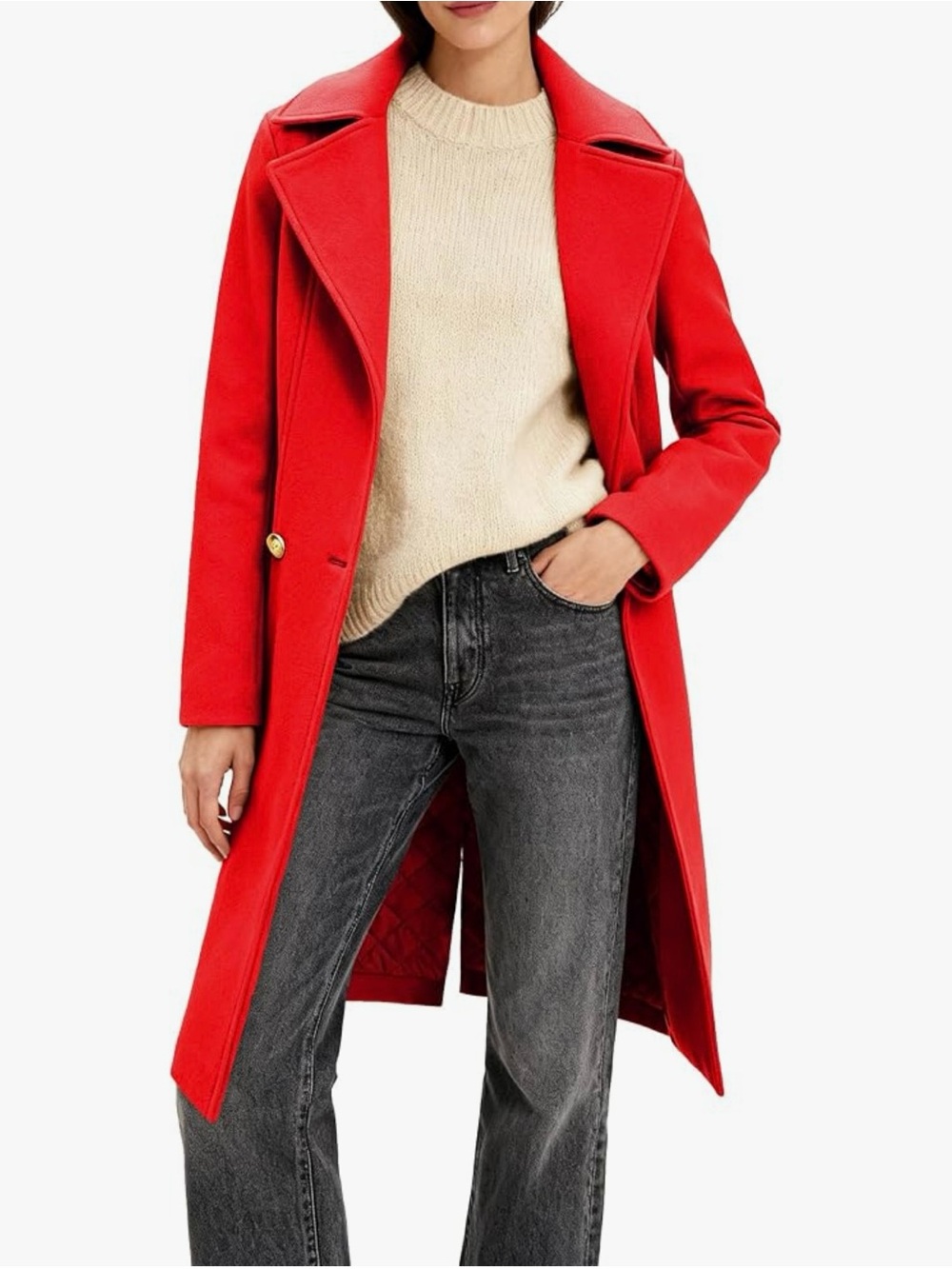 Women's Red Pea Coat Long Sleeve Regular Fit Overcoat Winter Outerwear AW5